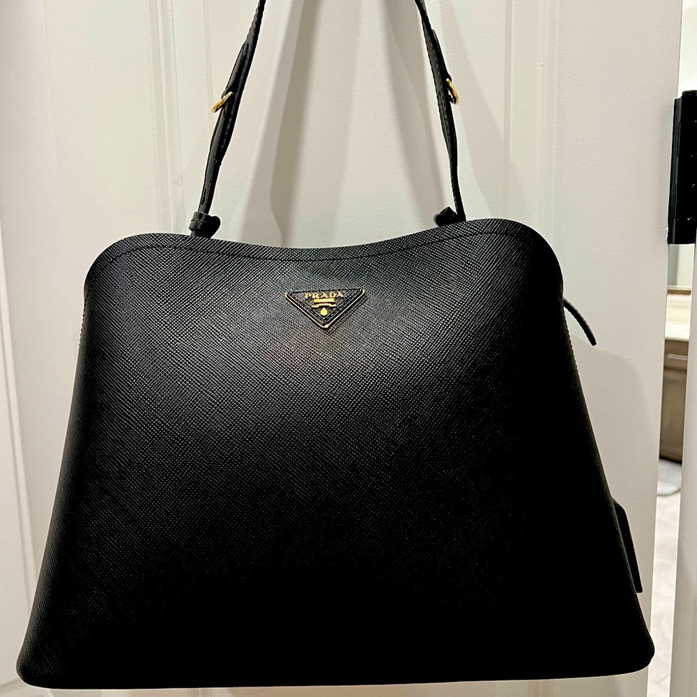 Prada Saffiano Cuir Large Matinee Tote — Black w/ Crossbody Strap, NWT